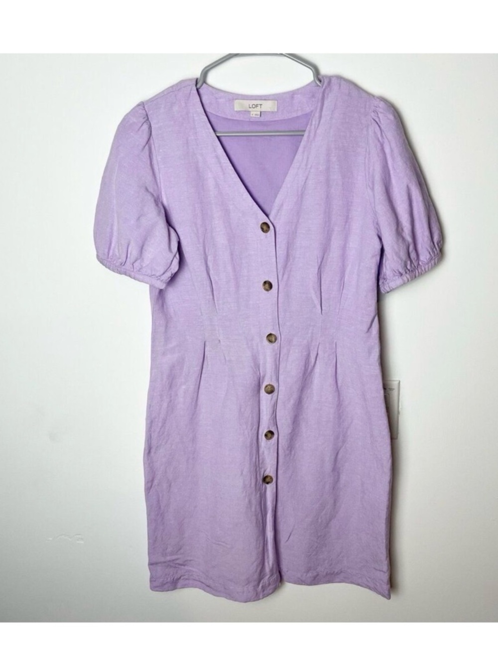 LOFT Lilac V-Neck linen shirt Dress with Puff Sleeves
